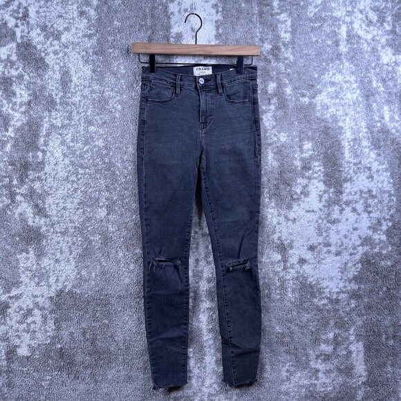 Frame Jeans 25 Womens Le Skinny High Raw Hem Stretch Charcoal Muddy Rips - Picture 1 of 8